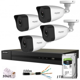 Zestaw HWI1 do monitoringu IP Hikvision Hiwatch rejestrator 4-kanałowy PoE 4 kamery tubowe 4Mpx akcesoria