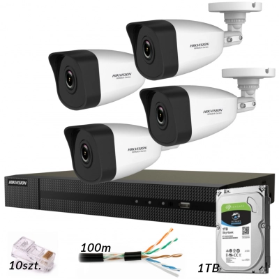 Zestaw do monitoringu IP Hikvision Hiwatch rejestrator 4-kanałowy PoE 4 kamery tubowe 2Mpx akcesoria