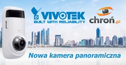 Nowa kamera panoramiczna logo Vivotek oraz chroń.pl miasto w tle wieżowce